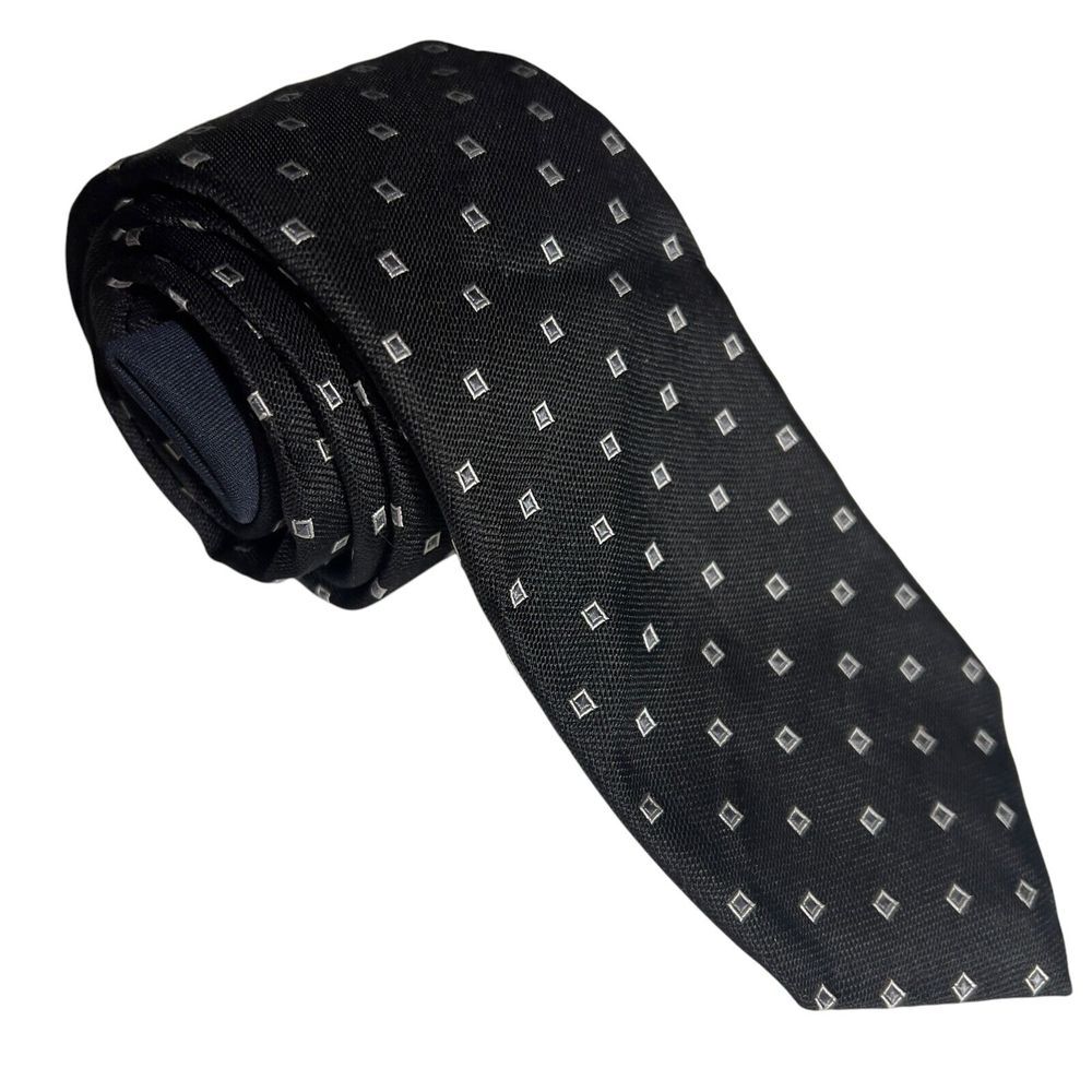 Chaps 100% Silk Neck Tie Deep Navy White Pinpoint Square Poly Spandex Trim Logo